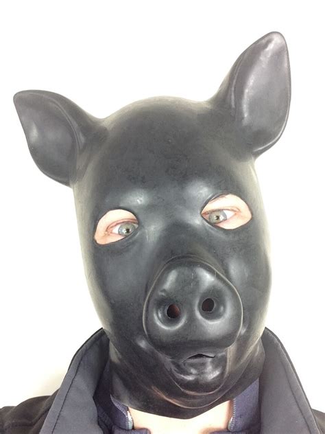 Latex Rubber Black Gum Fetish Pig Mask Full Head Hood Piggy Animal Suit