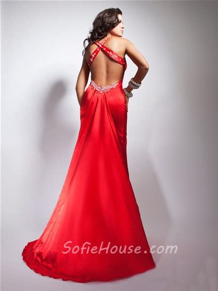 sexy sheath sweetheart backless long red silk prom dress with straps beading slit
