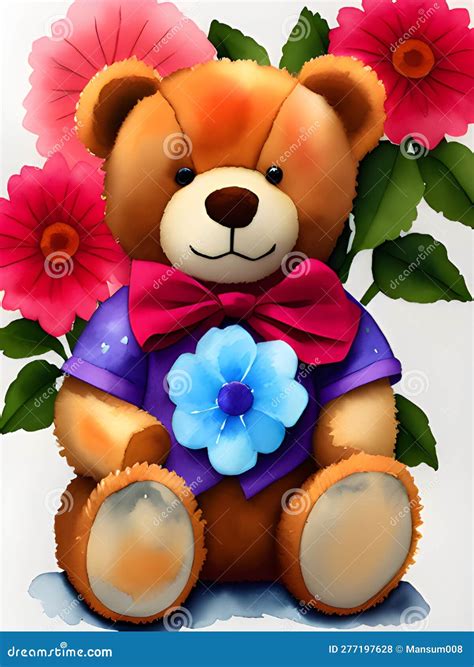 Teddy Bear With A Flower Watercolor Style Ai Generated Stock Photo