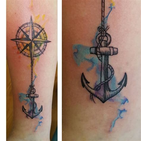 Watercolor Anchor And Compass Rose Tattoo By Laura Carney From