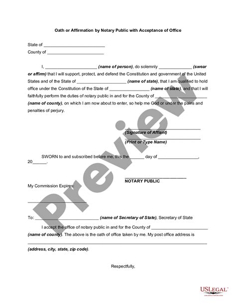 Oath Or Affirmation By Notary Public With Acceptance Of Office Notary