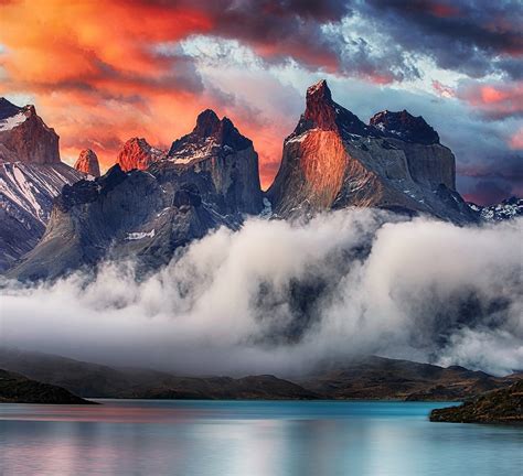 Mountain Torres Del Paine Patagonia Chile Sunrise Clouds Lake