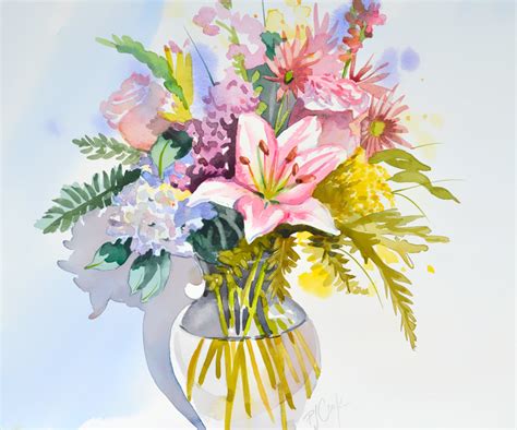 Watercolor Paintings Of Flowers In Vases At