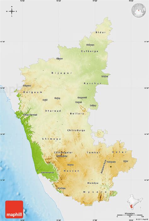 Find and explore maps by keyword, location, or by browsing a map. Physical Map of Karnataka, single color outside