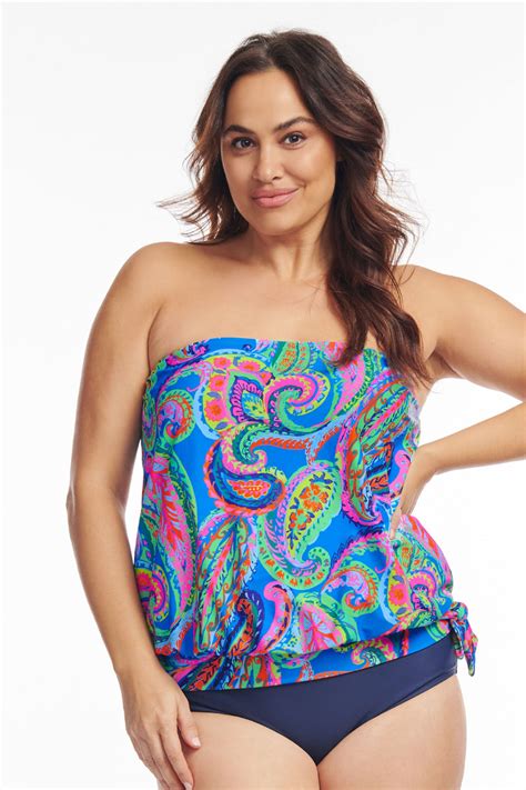 Plus Size Draped Blouson Tankini Top In French Paisley Blue Mazu Apparel