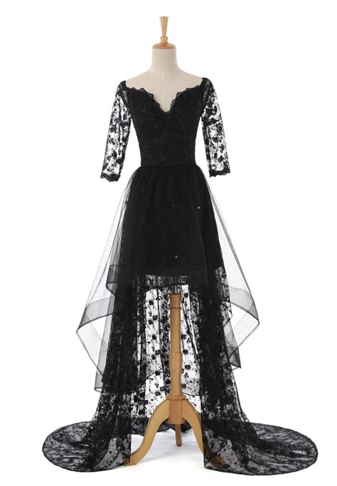 Long Sleeve Sweetheart Black Lace High Low Formal Evening Prom Dress In