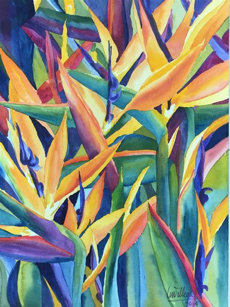 Art Watercolor Tropical Rain Forest Vegetation Nature Flowers Heliconia