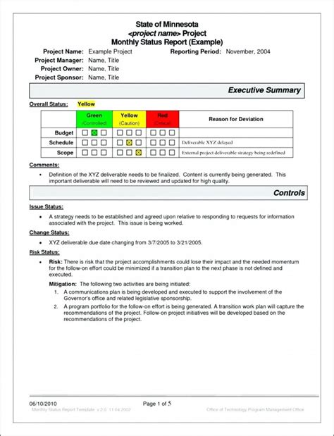 Executive Summary Project Status Report Template Professional Template