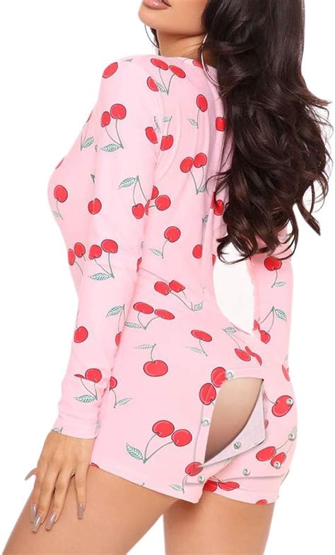 Yileegoo Womens Sexy Butt Button Back Flap Pajamas Jumpsuit Long Sleeve V Neck One Piece Bodycon