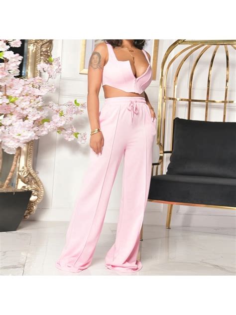Wholesale Sleeveless V Neck Cropped Top And Wide Leg Pant Sets