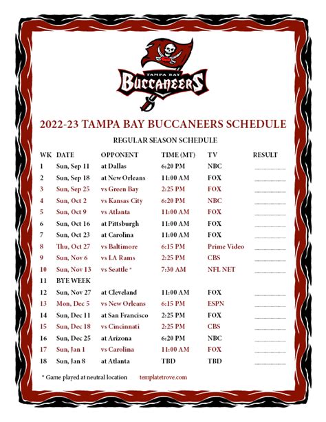 Printable Tampa Bay Buccaneers Schedule