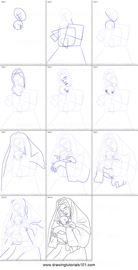 How To Draw Mary Holding Baby Jesus Nativity Printable Step By Step