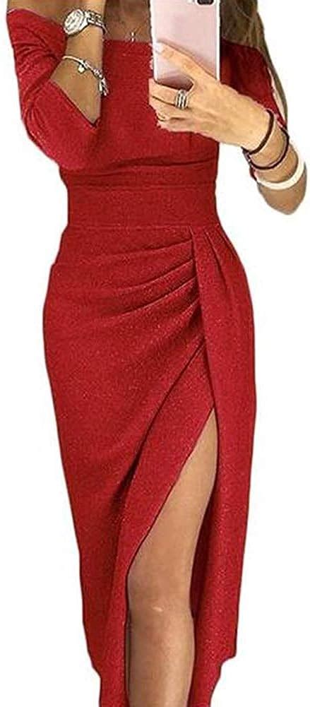 Women Sexy Off Shoulder Bodycon Dress Split Long Maxi Party Evening Gown Dress Amazonca