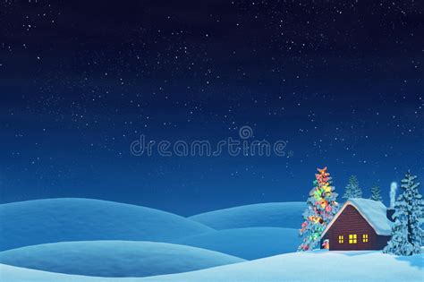 Cabin And Christmas Tree In Rolling Winter Landscape At