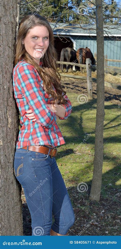 Beautiful Young Country Girl On Farm Outdoors Stock Image Image Of
