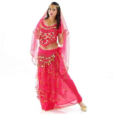 5pcs Fashion Belly Dancing Costume Skirtandbeltandtopandveilandhead Jewelry Bollywood Indian Dance