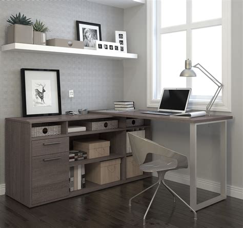 Modern L Shaped Office Desk In Bark Gray With Integrated Storage