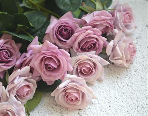 Mauve Roses Dusty Pale Purple Real Touch Flowers Silk Roses