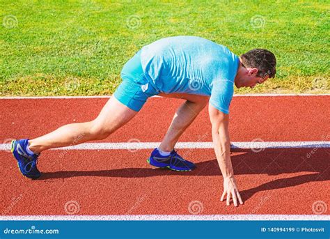 Make Effort For Victory Man Athlete Runner Stand Low Start Position Stadium Path Runner Ready