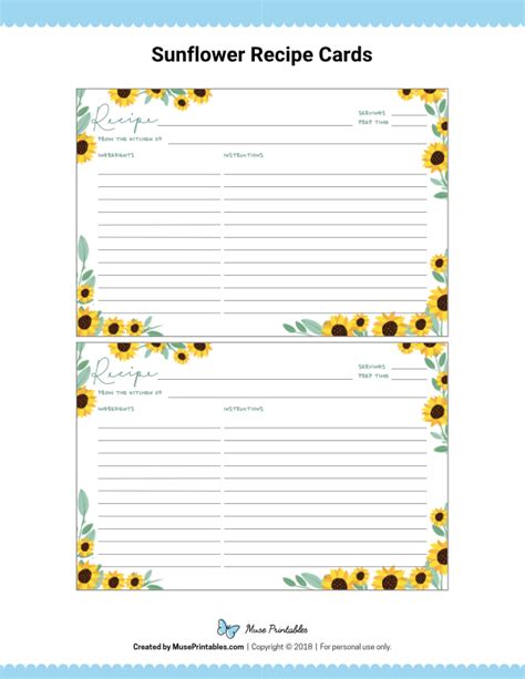 Free Printable Sunflower Recipe Cards
