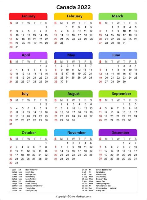 Printable 2022 Canadian Calendar Templates With Statutory Holidays