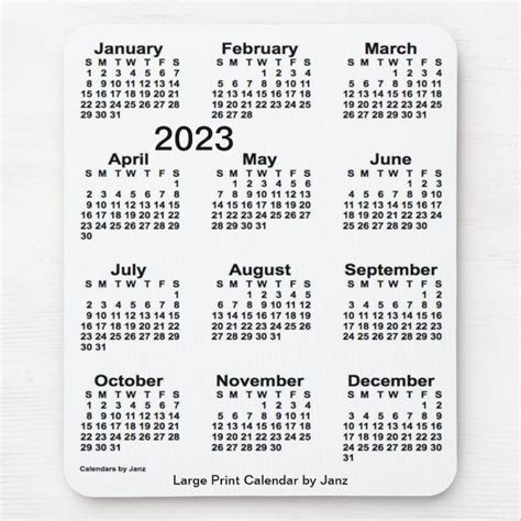 2023 White Large Print Calendar By Janz Mouse Pad