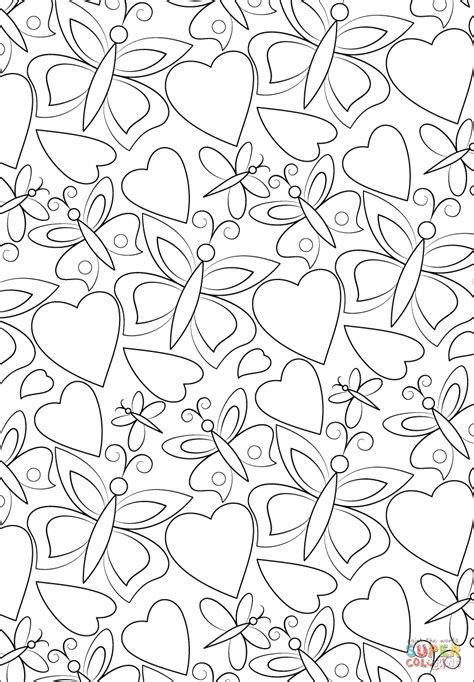 Hearts And Butterflies Pattern Coloring Page Free Printable Coloring