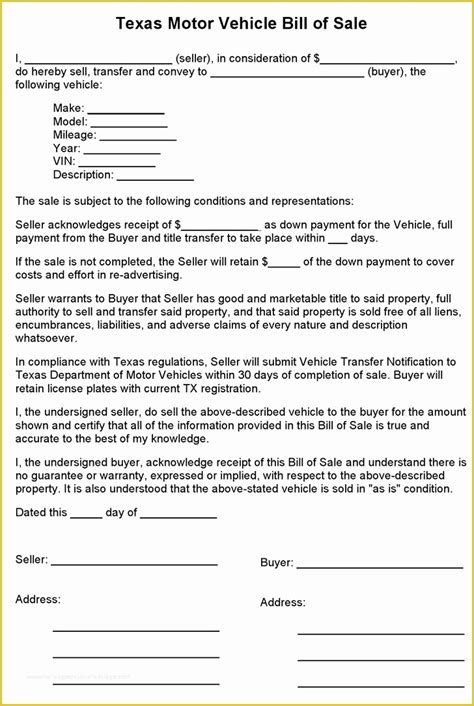 Free bill of sale template pdf of free texas motor vehicle bill sale form pdf 1 pages