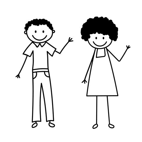 Set Of Doodle Figures Cute Stick Man And Woman Waving Hand Vector