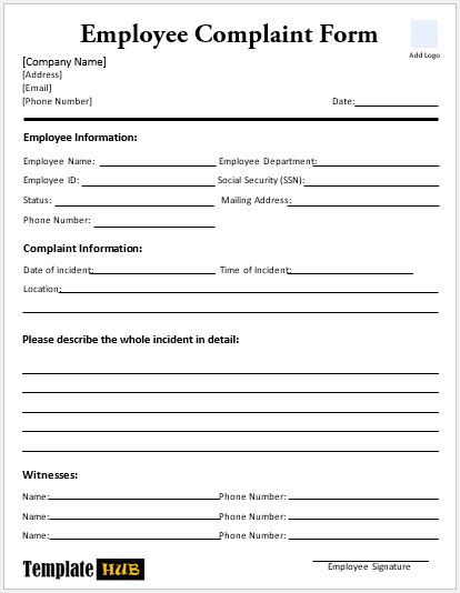 Free Employee Complaint Form Templates MS Word Format