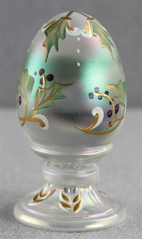 Estate Vintage Fenton White Iridescent Glass Egg Hand Painted Holly