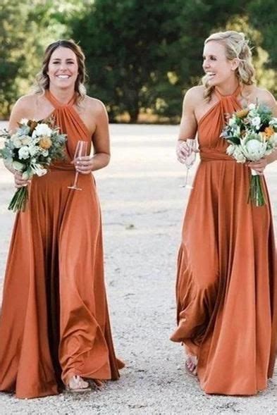 This A Line Long Copper Bridesmaid Dress Features Halter Neckline And Zipper Back ♡ Fabric