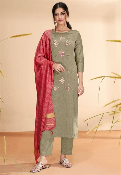 Buy Embroidered Cotton Pakistani Suit In Fawn Online Kuf15258 Utsav