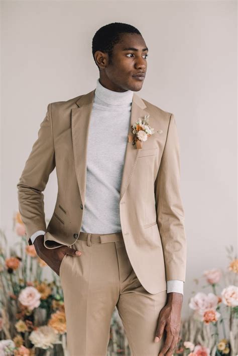 Groom With Beige Wedding Suit And Turtleneck Beige Suits For Men Beige