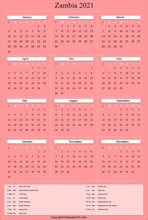 Printable Zambia Calendar 2021 With Holidays Public Holidays