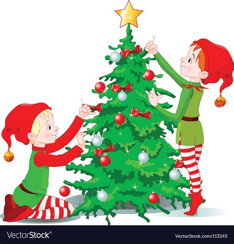 Elves Decorate A Christmas Tree Royalty Free Vector Image