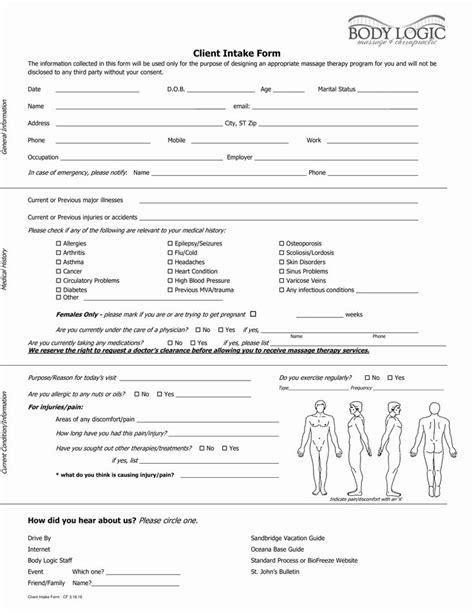 Massage Intake Form Printable Printable Forms Free Online