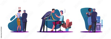 Set Of Businessmen Harassing Female Co Workers Flat Vector