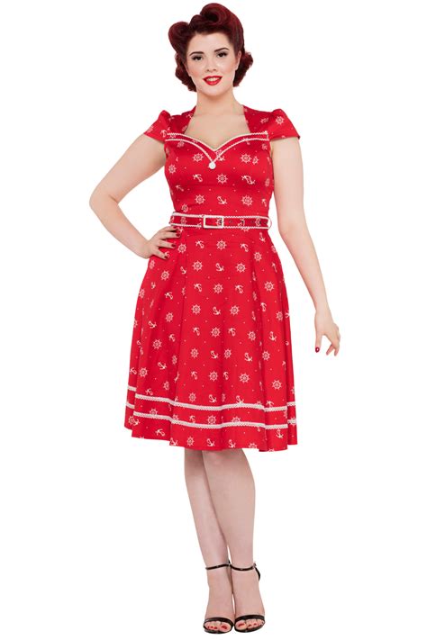 Voodoo Vixen Red Gwyneth Sailor Swing Dress Red 1950s Flared Dress