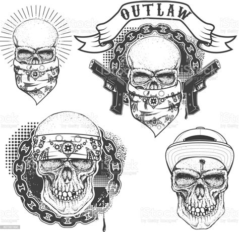 Set Of Gangster Tattoo Hand Drawn Skull With Bandana Skull Stock Vector ...