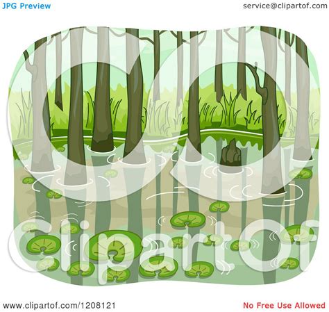 Cartoon Of A Swamp With Lily Pads And Trees Royalty Free
