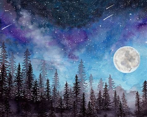 Starry Night Customizable Watercolor Print Galaxy Print Etsy