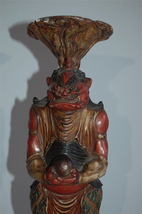 Candle Stick Ikiningyo Sculpture Oni Lacquered Wood Japan