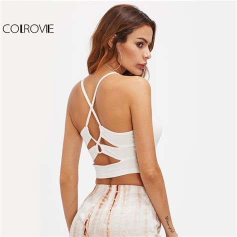 Colrovie Cut Out Crop Top Sexy Cross Back Camisole White Strap Slim