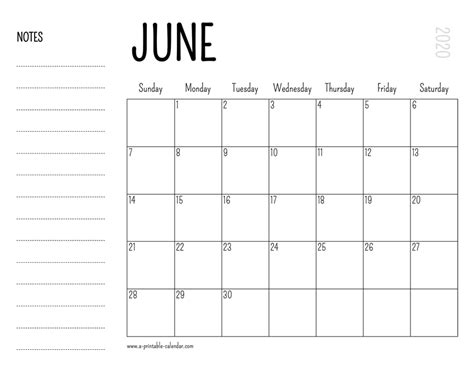 June 2020 Printable Calendar A Printable Calendar
