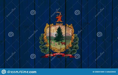 Top View Of Old Painted Flag Of Vermont State Usa On Dark Wooden Fence