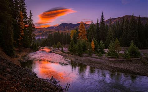 Download Wallpapers Mountain River Sunset Forest Mountain Landscape