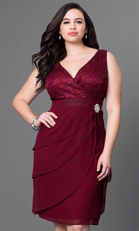 Many fashion styles of evening dresses and gowns. Burgundy Red Plus-Size Knee-Length Dress - PromGirl