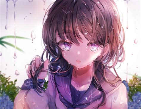 Download 3840x2160 Anime School Girl Sadness Tears Crying Raining