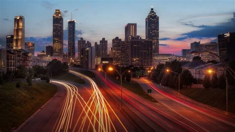 Cityscape Building Lights Long Exposure Light Trails Highway Road